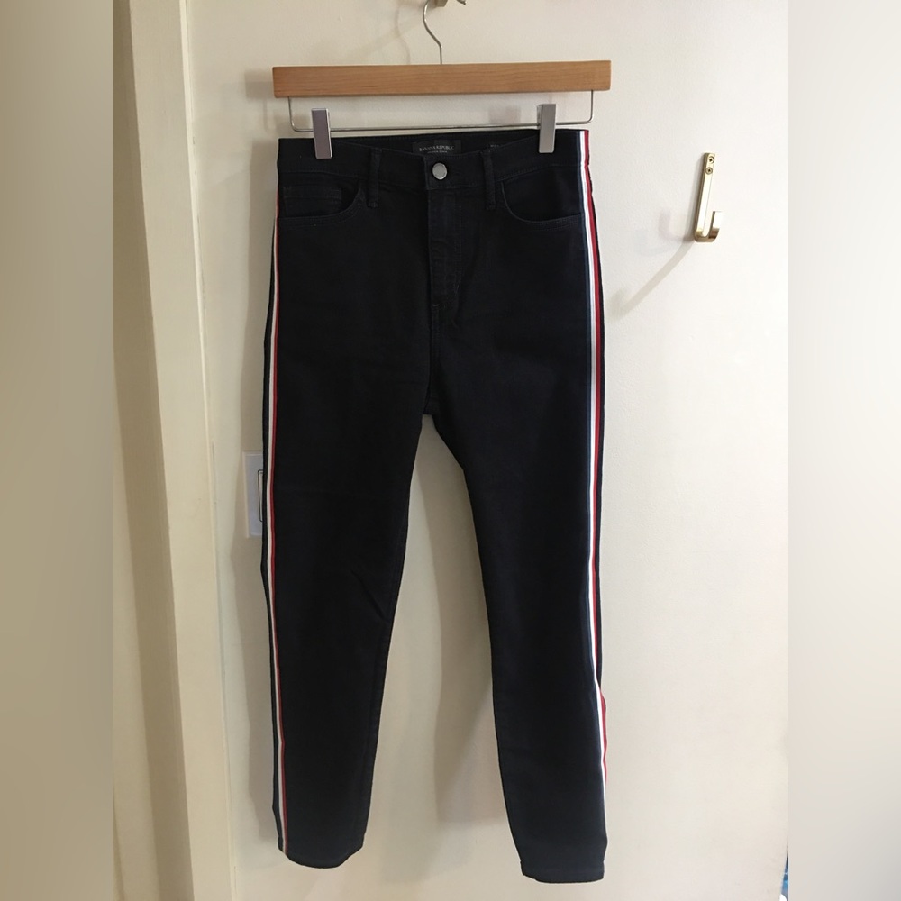 Banana Republic Dark Wash Jeans Red White Skinny Side Stripe Paneling | Size 26 - Picture 2 of 4